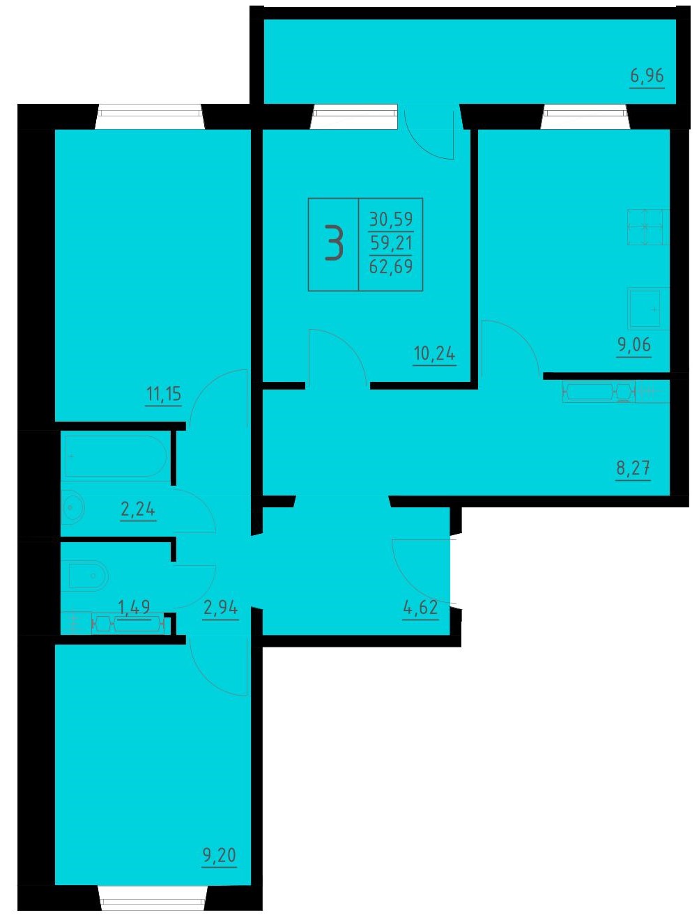 Планировка 3-комн. 1
