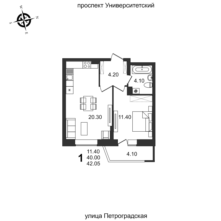 Планировка 1-комн. 3