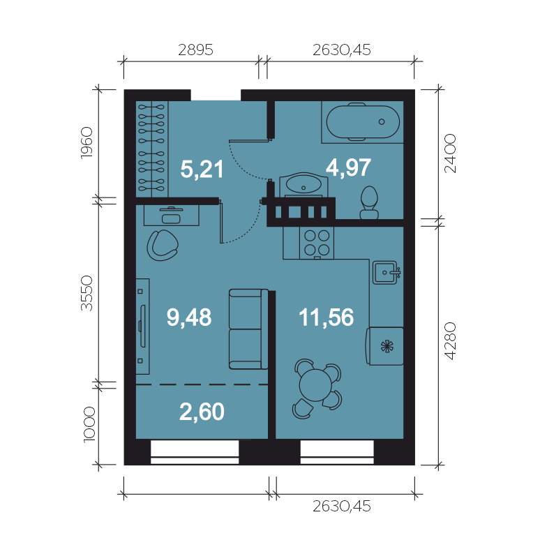 Планировка 1-комн. 3