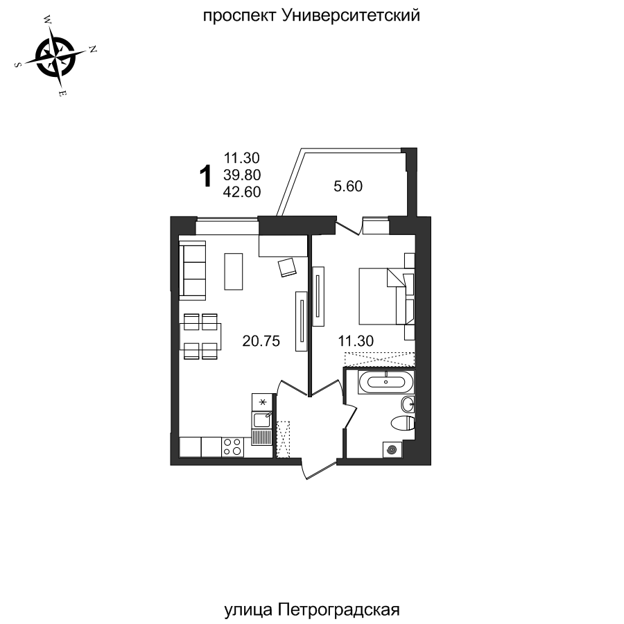 Планировка 1-комн. 3