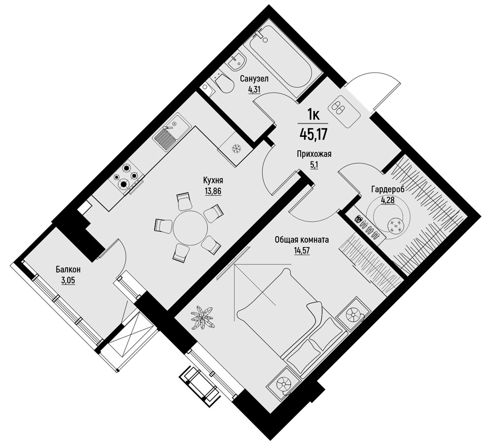 Планировка 1-комн. 1