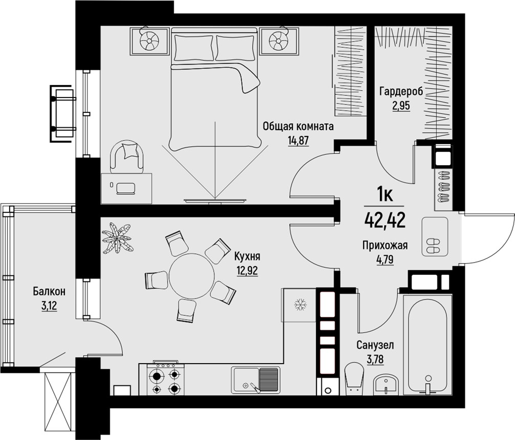 1-комнатная, 42.42 м² 1
