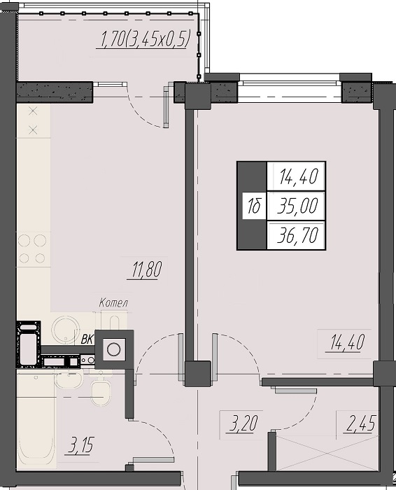 1-комнатная, 36.7 м² 1