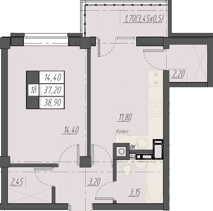 1-комнатная, 38.9 м² 1