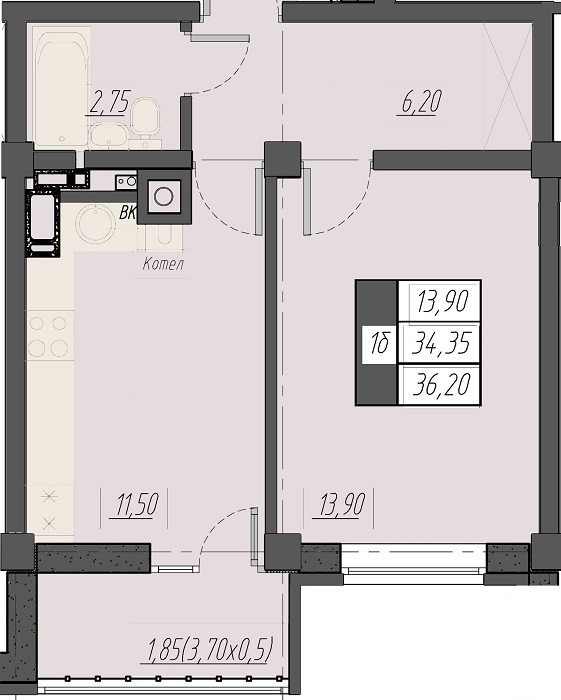 Планировка 1-комн. 1