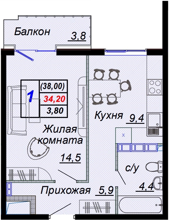 Планировка 1-комн. 1