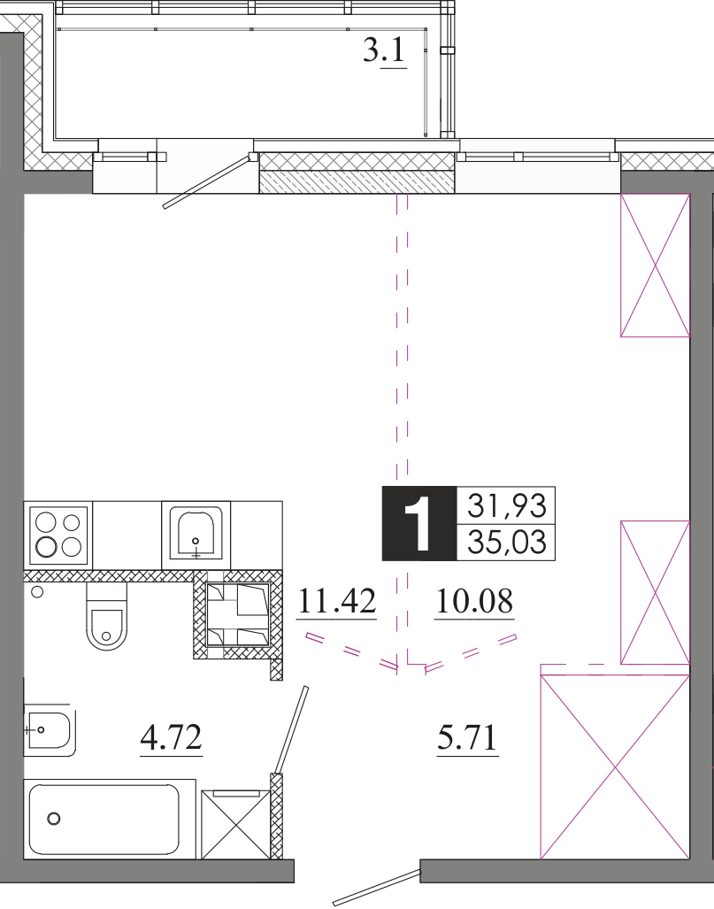 Планировка 1-комн. 1