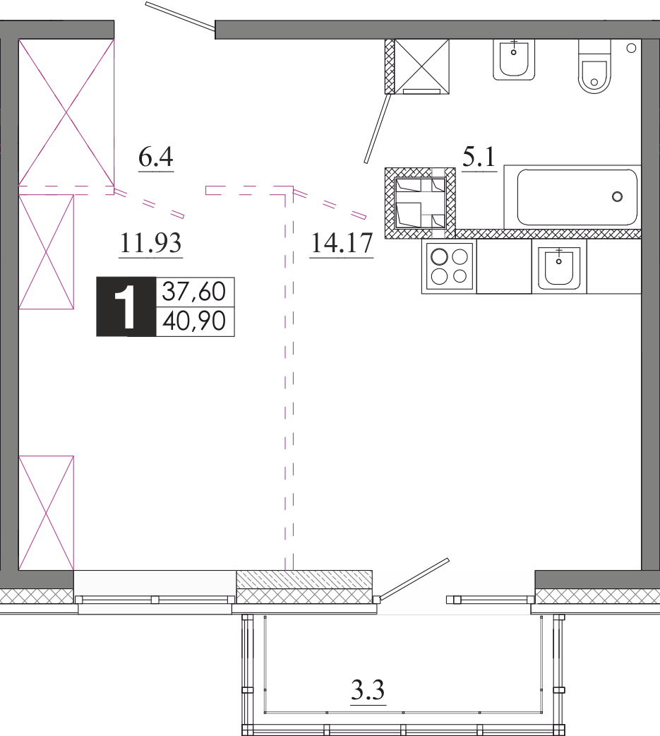 Планировка 1-комн. 1