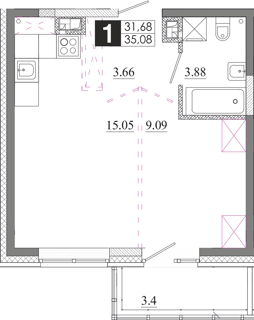 Планировка 1-комн. 1