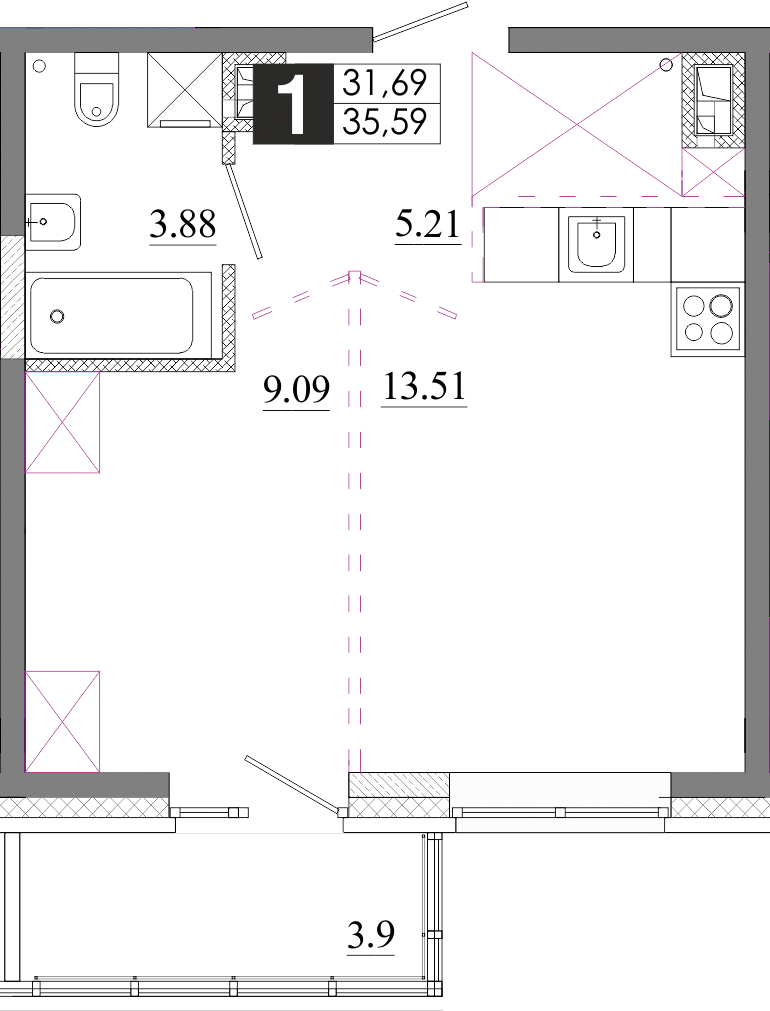 Планировка 1-комн. 1