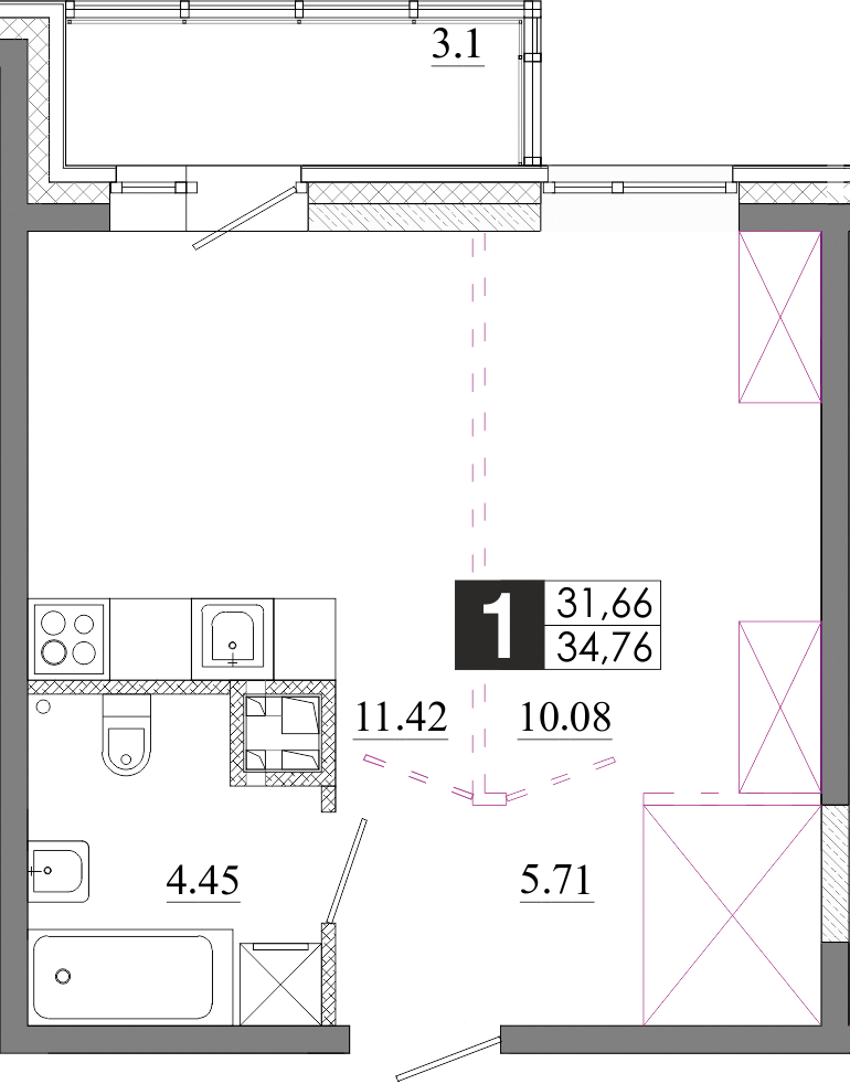 Планировка 1-комн. 1