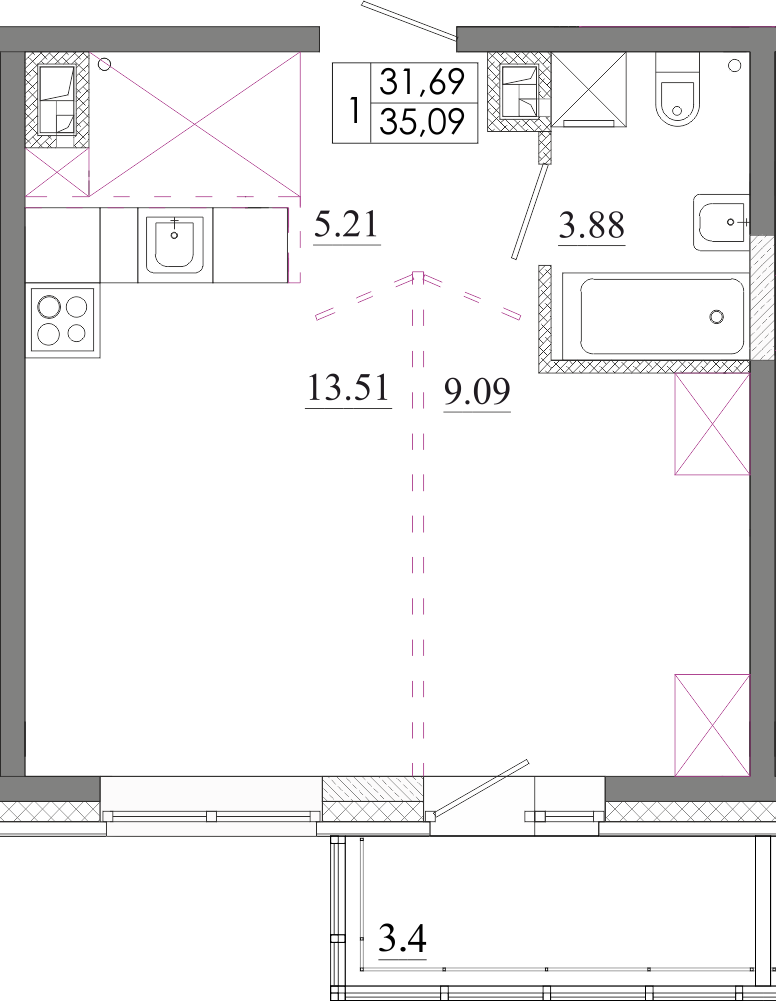1-комнатная, 35.09 м² 1