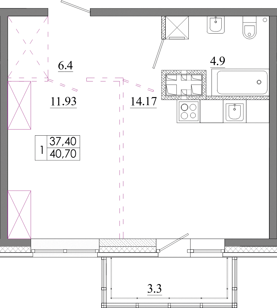 Планировка 1-комн. 1