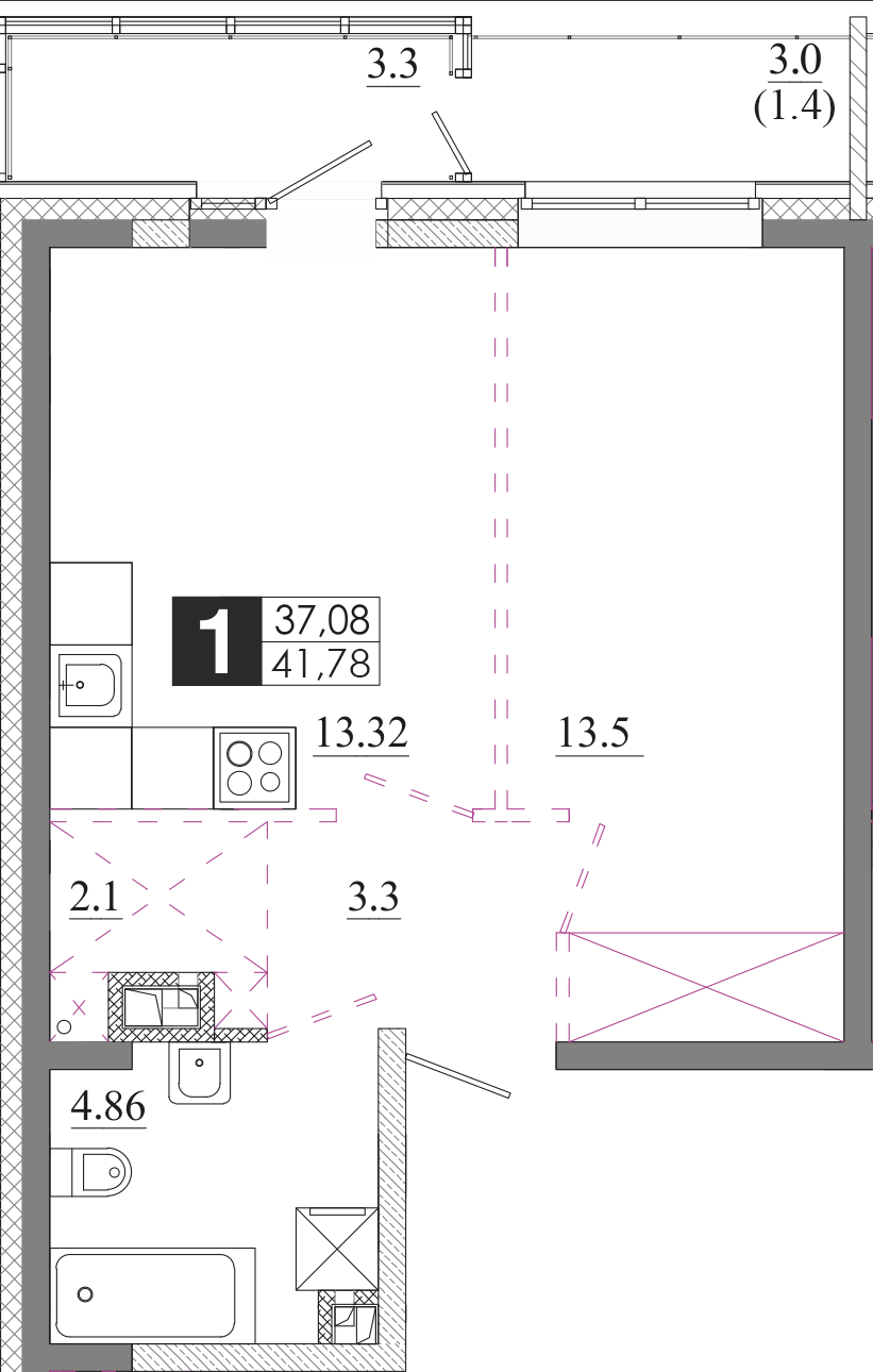 Планировка 1-комн. 1
