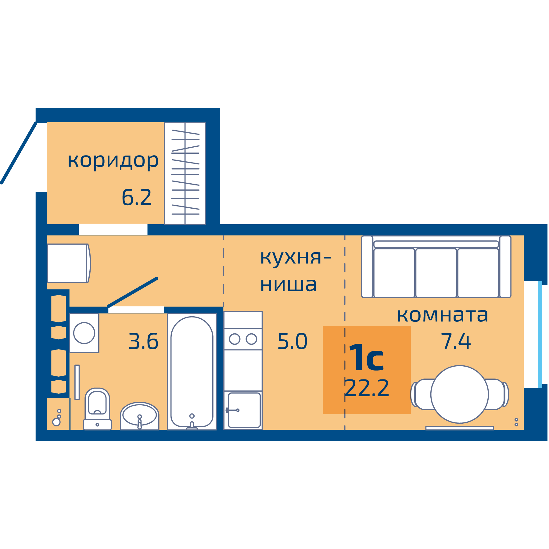 1-комнатная, 22.2 м² 1