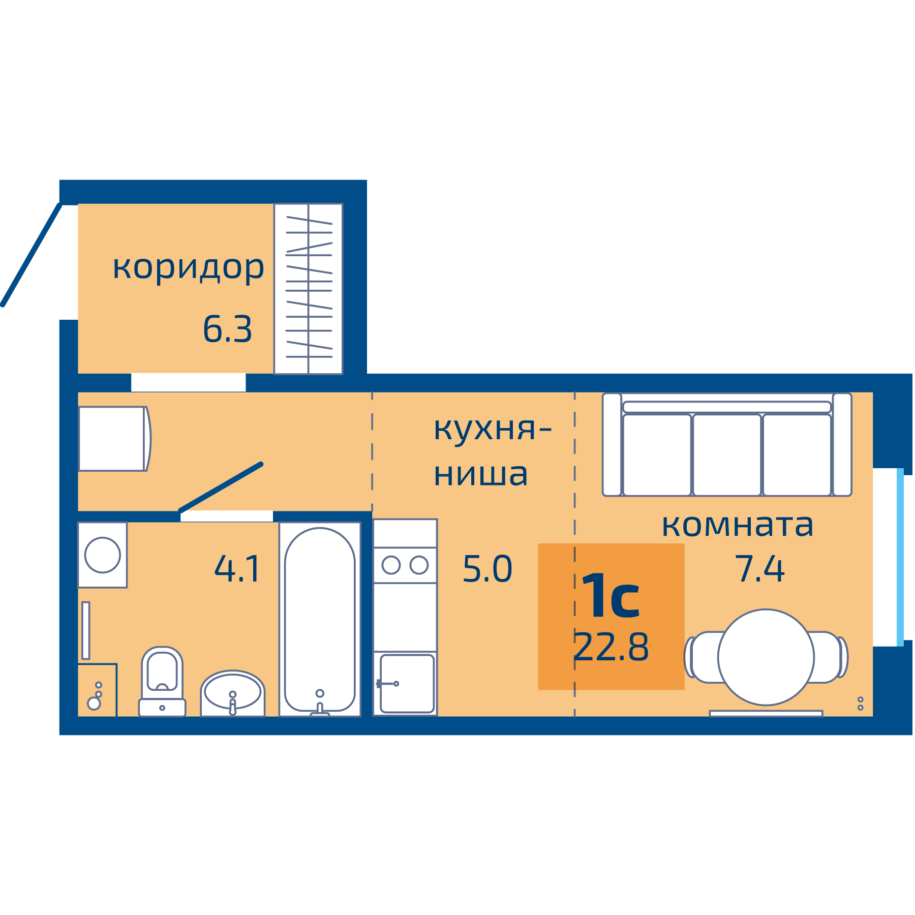 1-комнатная, 22.8 м² 1