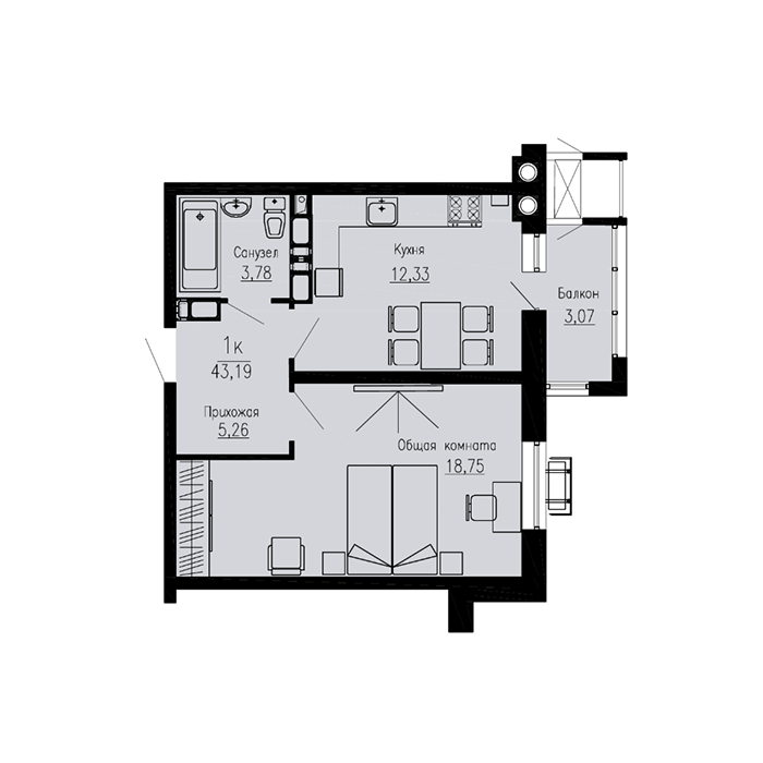 Планировка 1-комн. 1