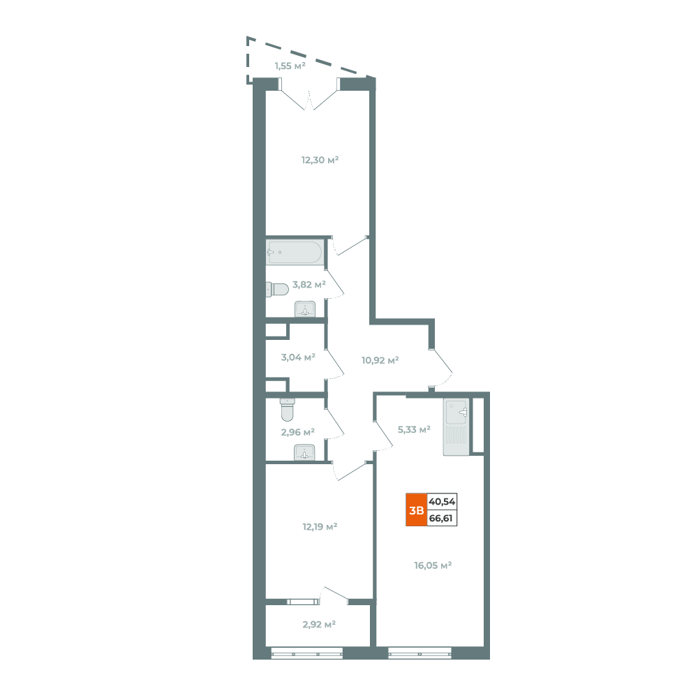 Планировка 3-комн. 71,08 м², ЖК «Автор»