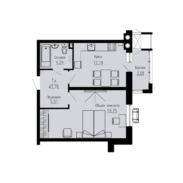 Планировка 1-комн. 1