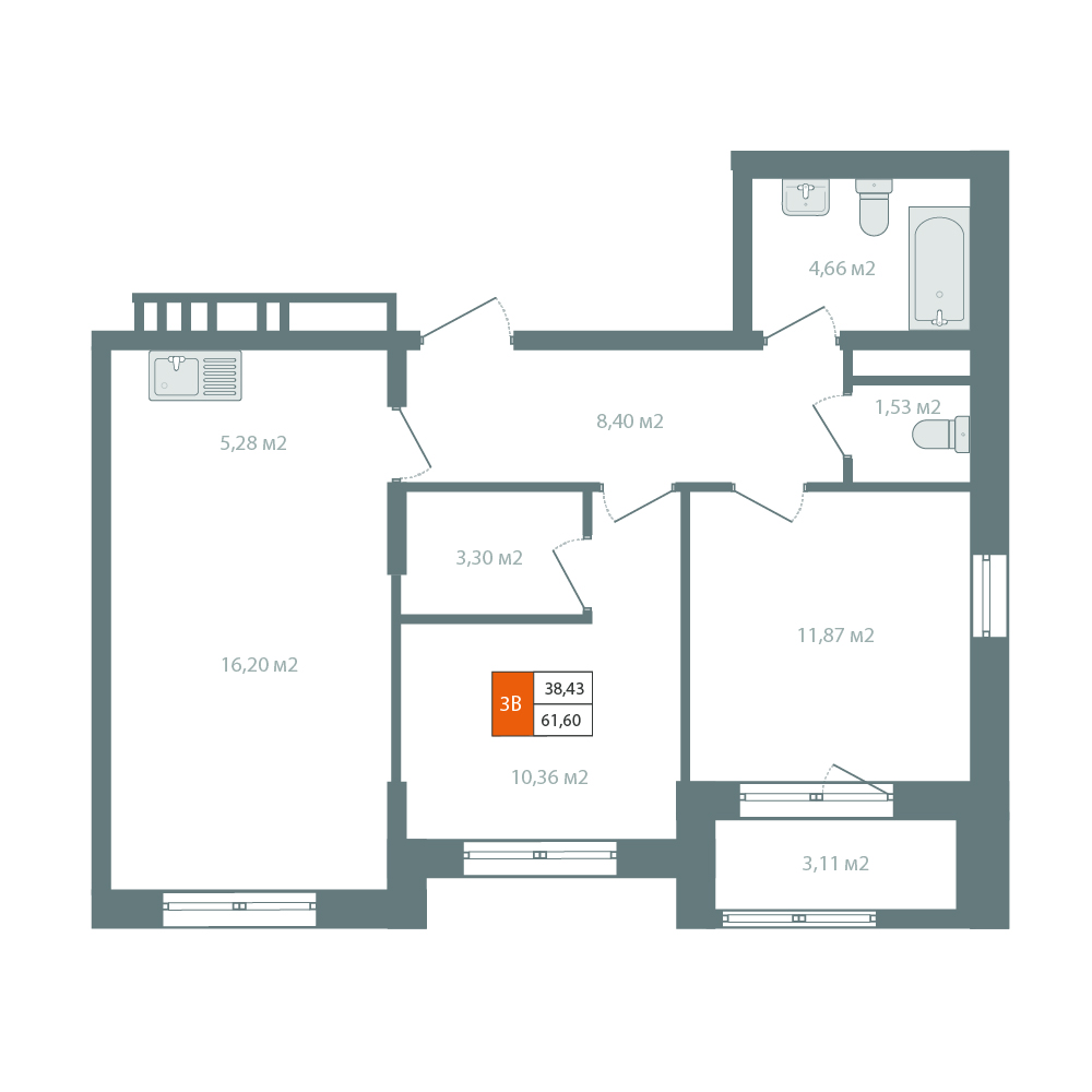 Планировка 3-комн. 64,71 м², ЖК «Автор»
