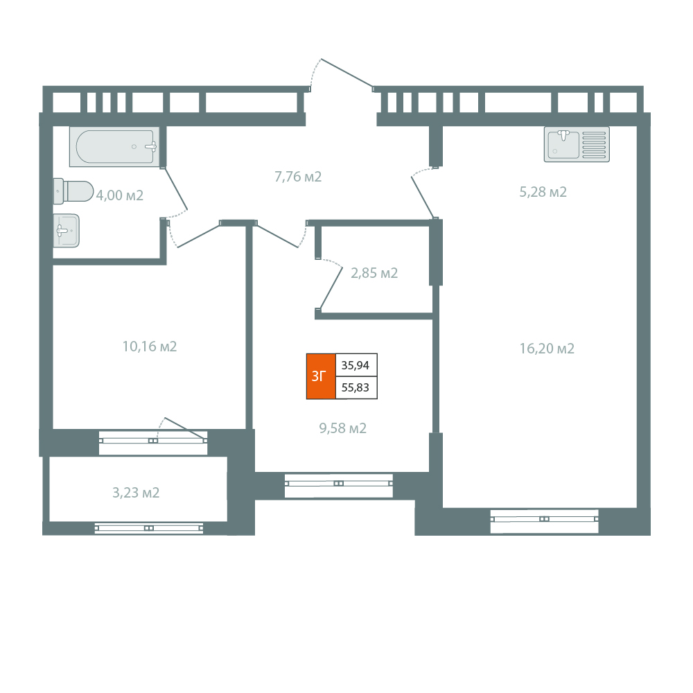 Планировка 2-комн. 59,06 м², ЖК «Автор»