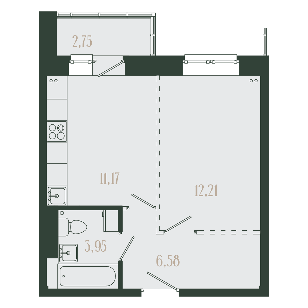 1-комнатная, 36.66 м² 1