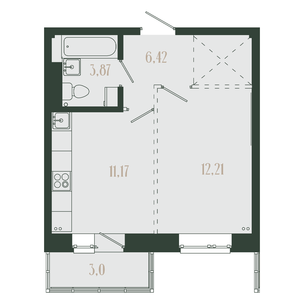 1-комнатная, 36.67 м² 1