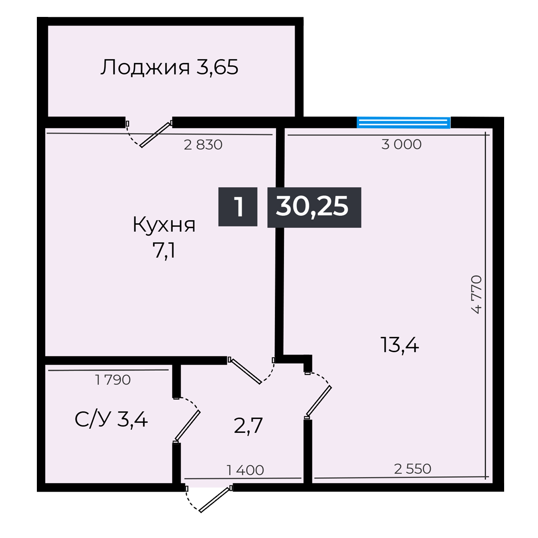 1-комнатная, 30.25 м² 1