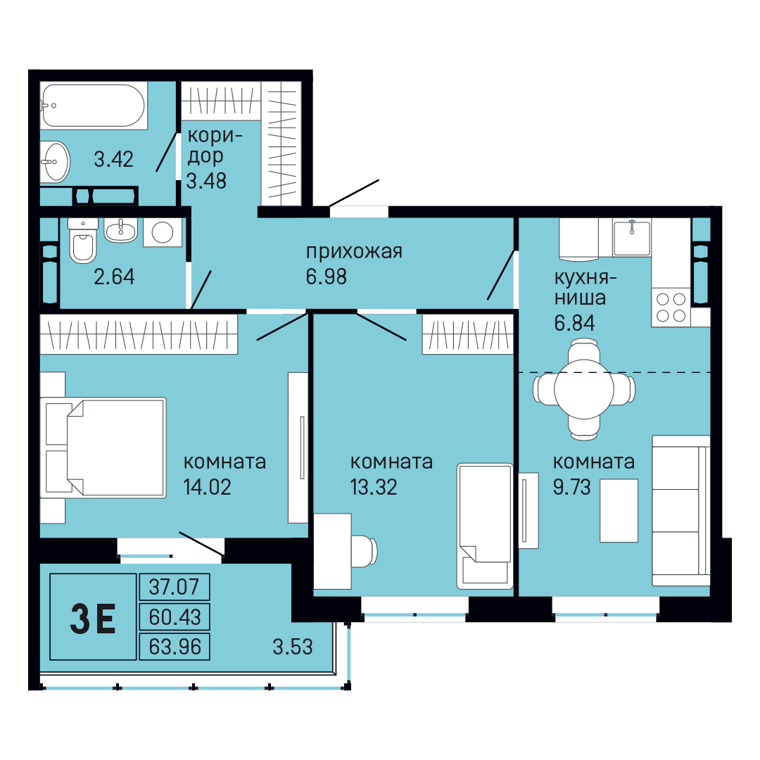 Планировка 3-комн. 1