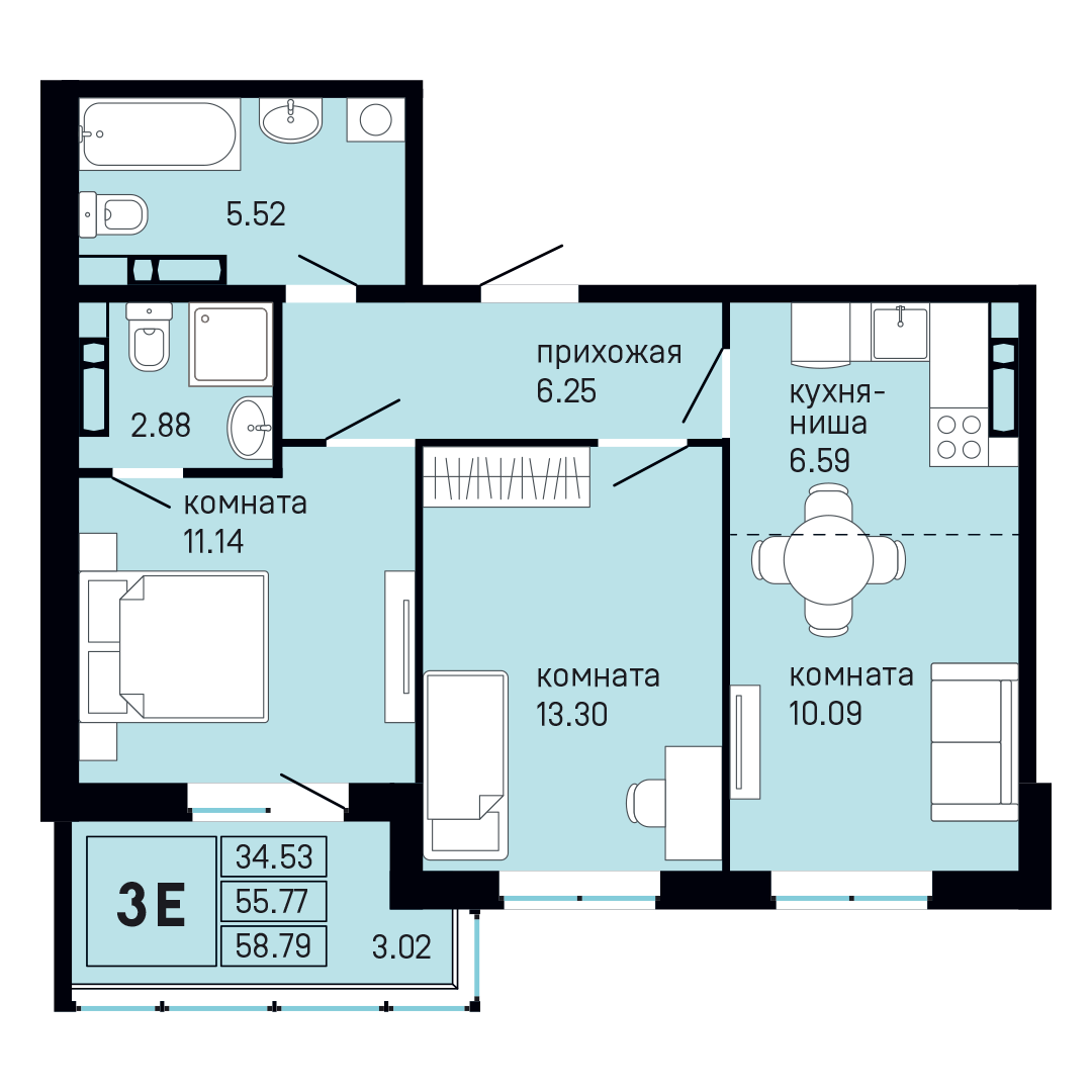 Планировка 3-комн. 1