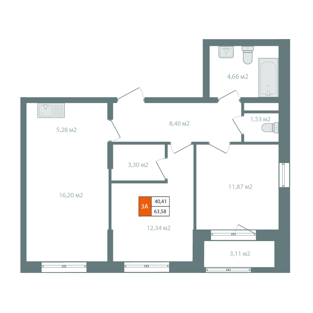 Планировка 2-комн. 66,69 м², ЖК «Автор»