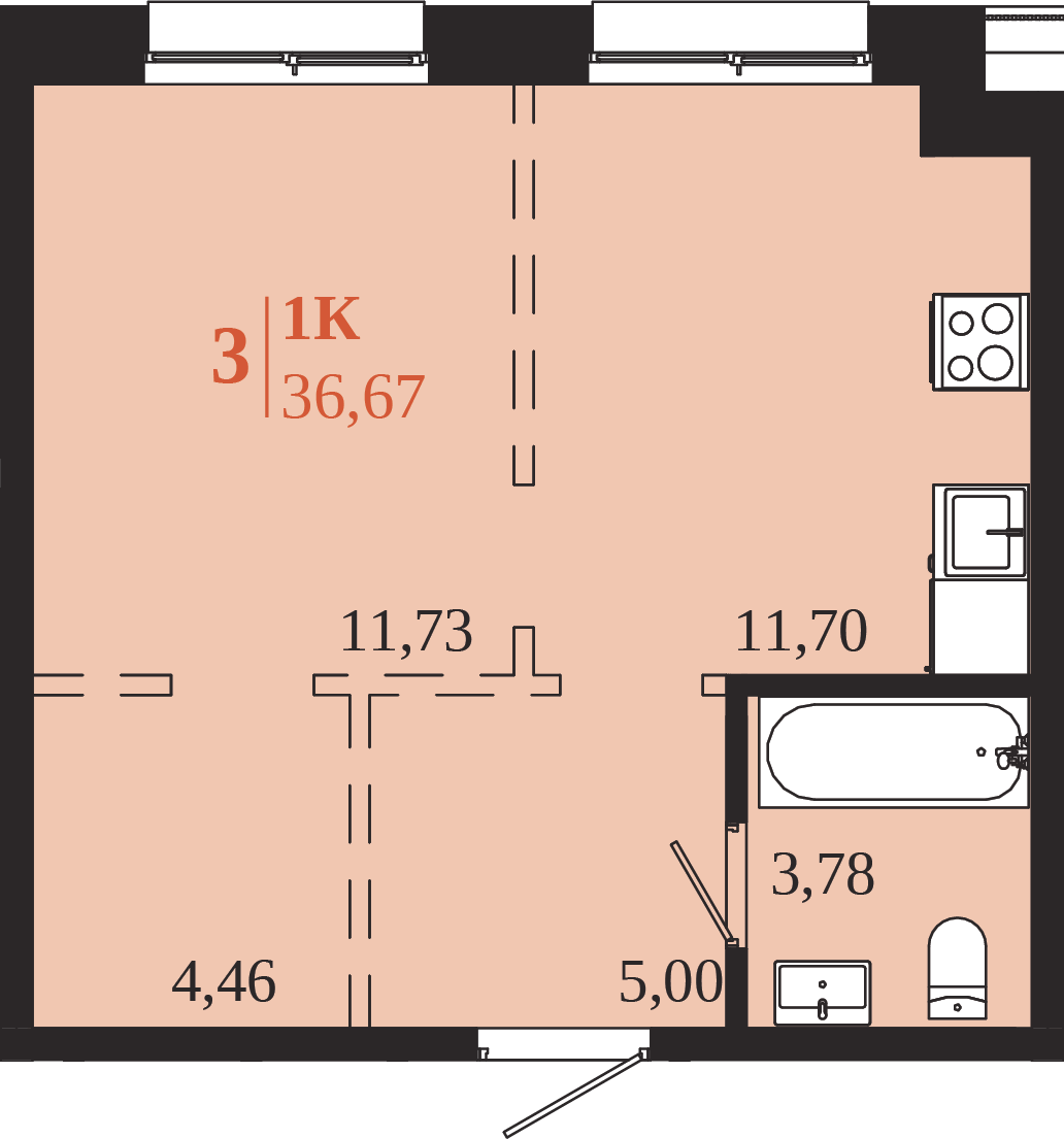 Планировка 1-комн. 36,67 м², ЖК «1661»