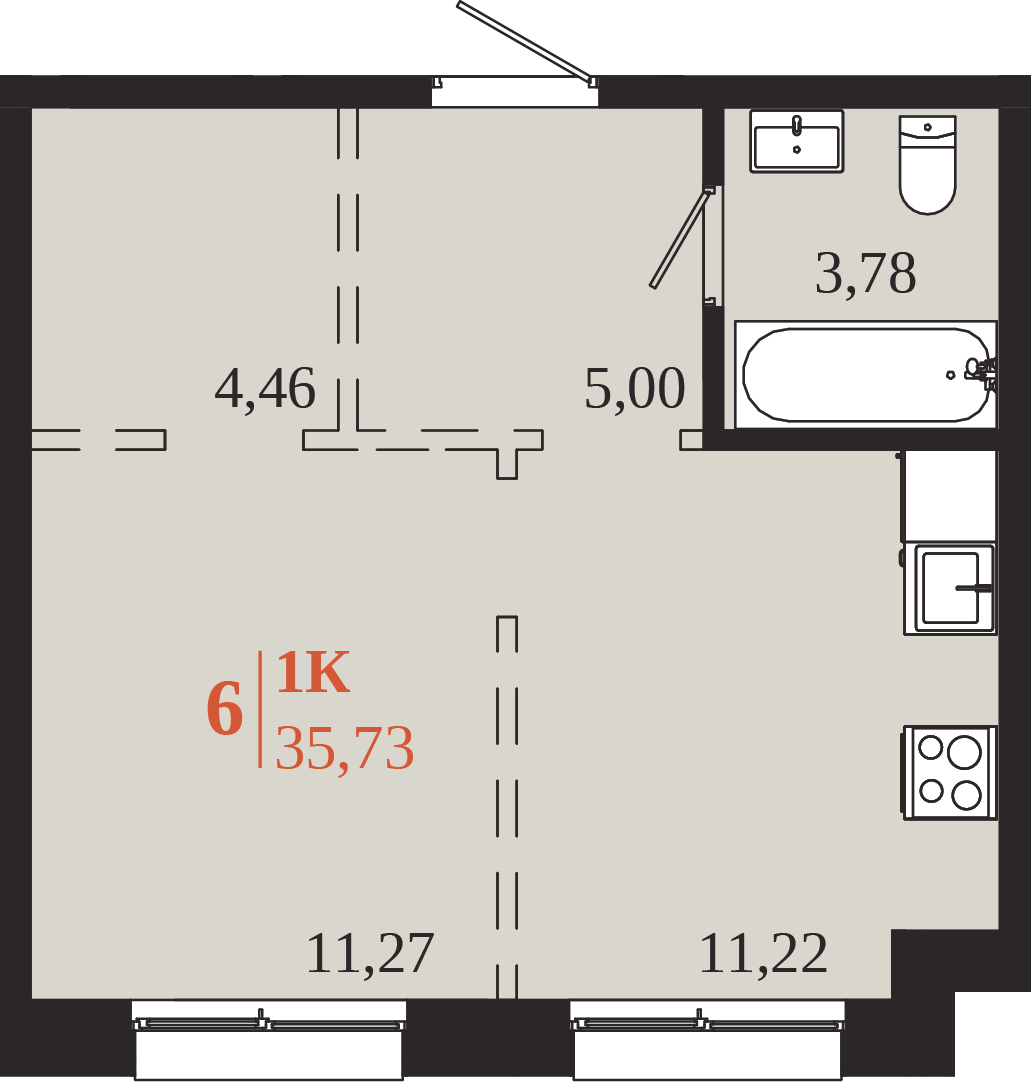 Планировка 1-комн. 35,73 м², ЖК «1661»