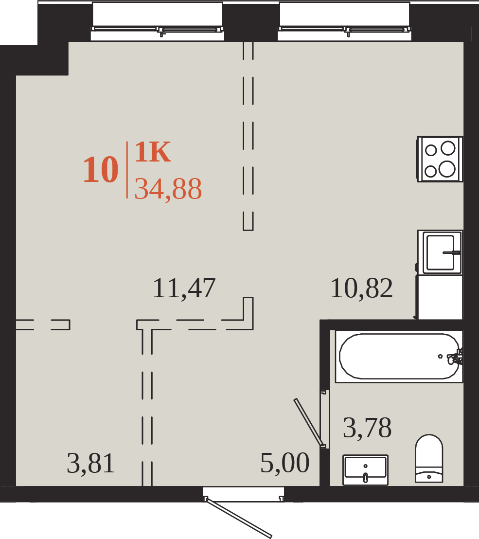 Планировка 1-комн. 34,88 м², ЖК «1661»
