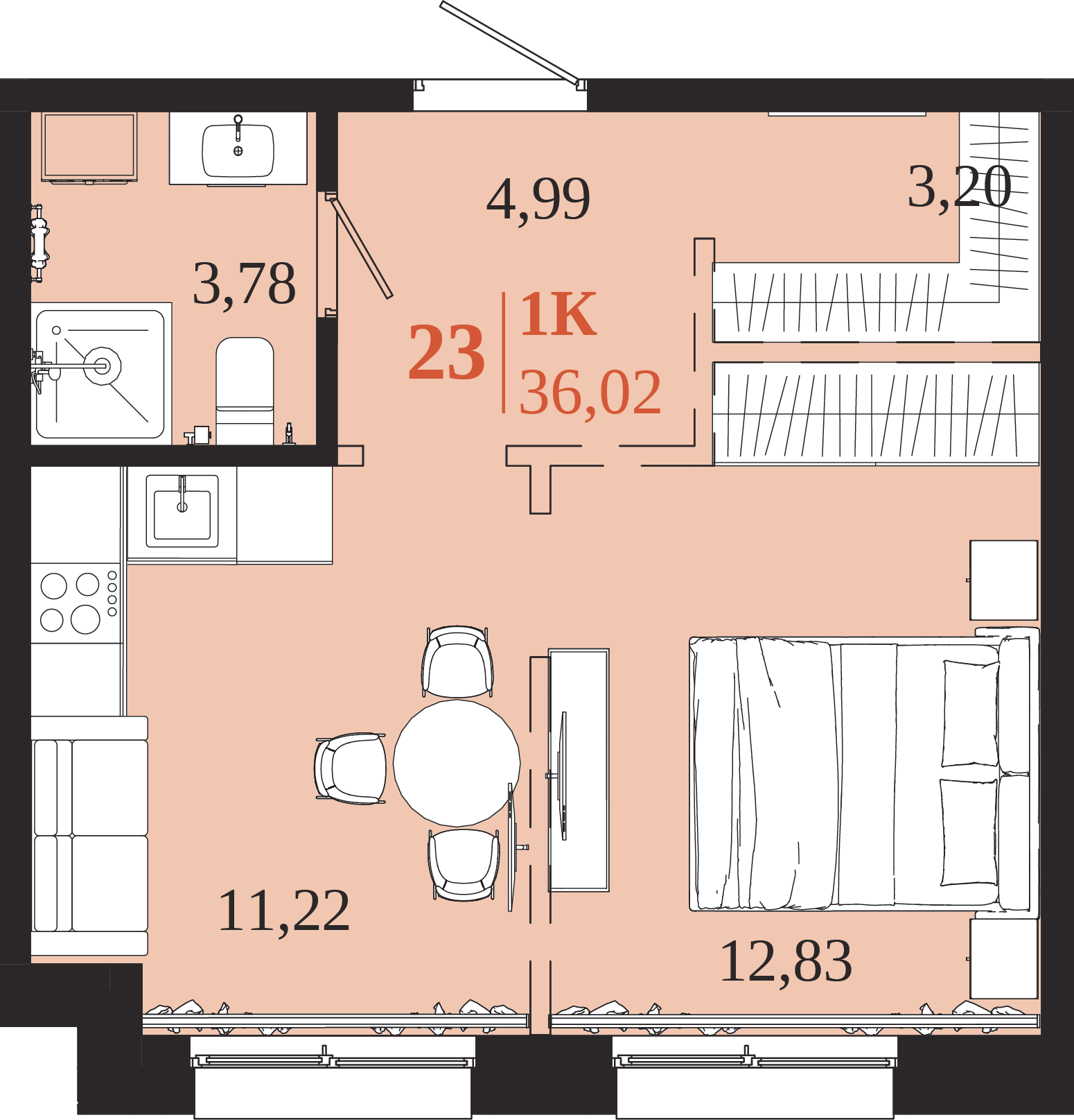 Планировка 1-комн. 36,02 м², ЖК «1661»