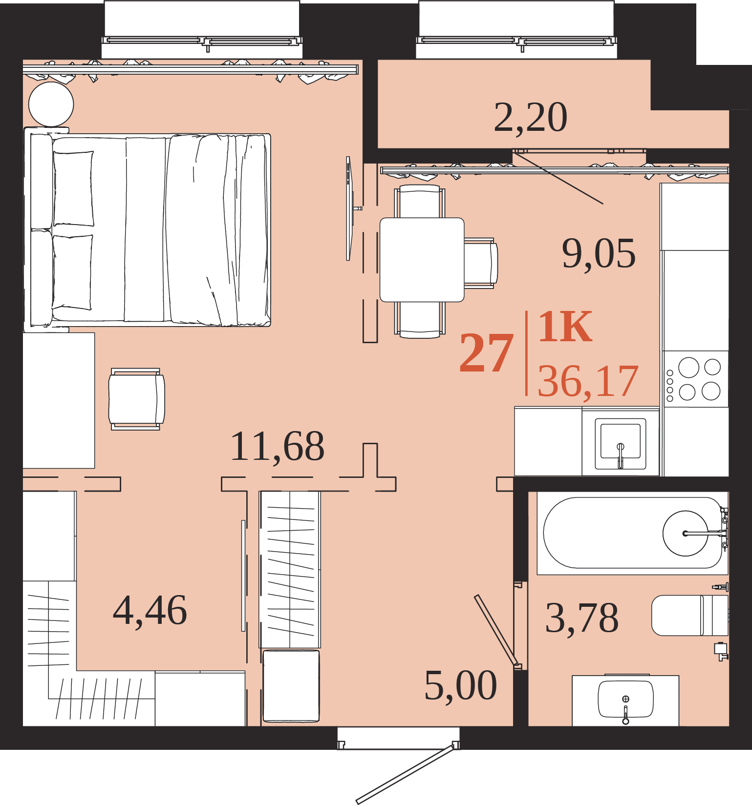 Планировка 1-комн. 36,17 м², ЖК «1661»