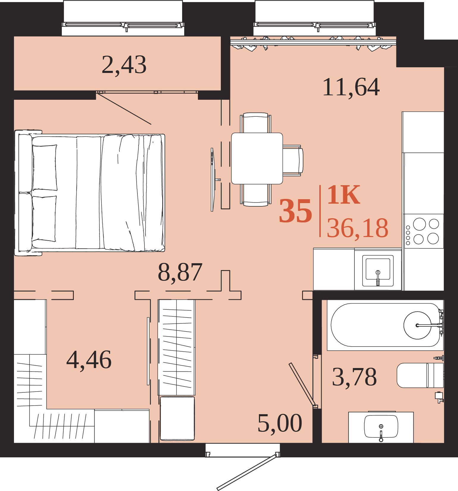 Планировка 1-комн. 36,18 м², ЖК «1661»