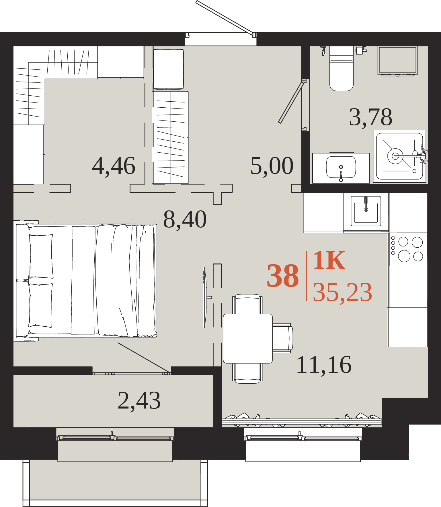 Планировка 1-комн. 35,23 м², ЖК «1661»