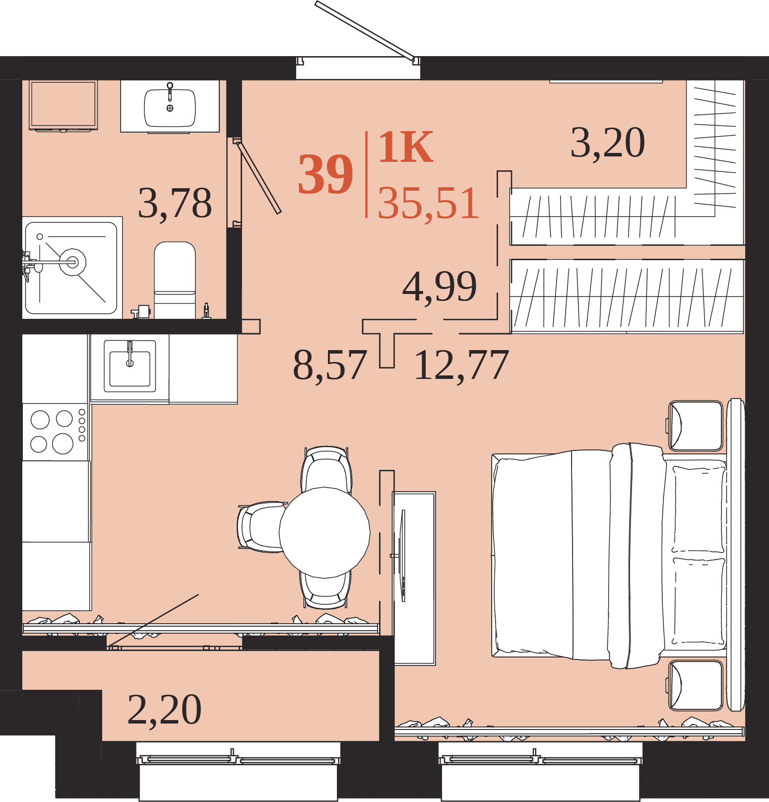 Планировка 1-комн. 35,51 м², ЖК «1661»