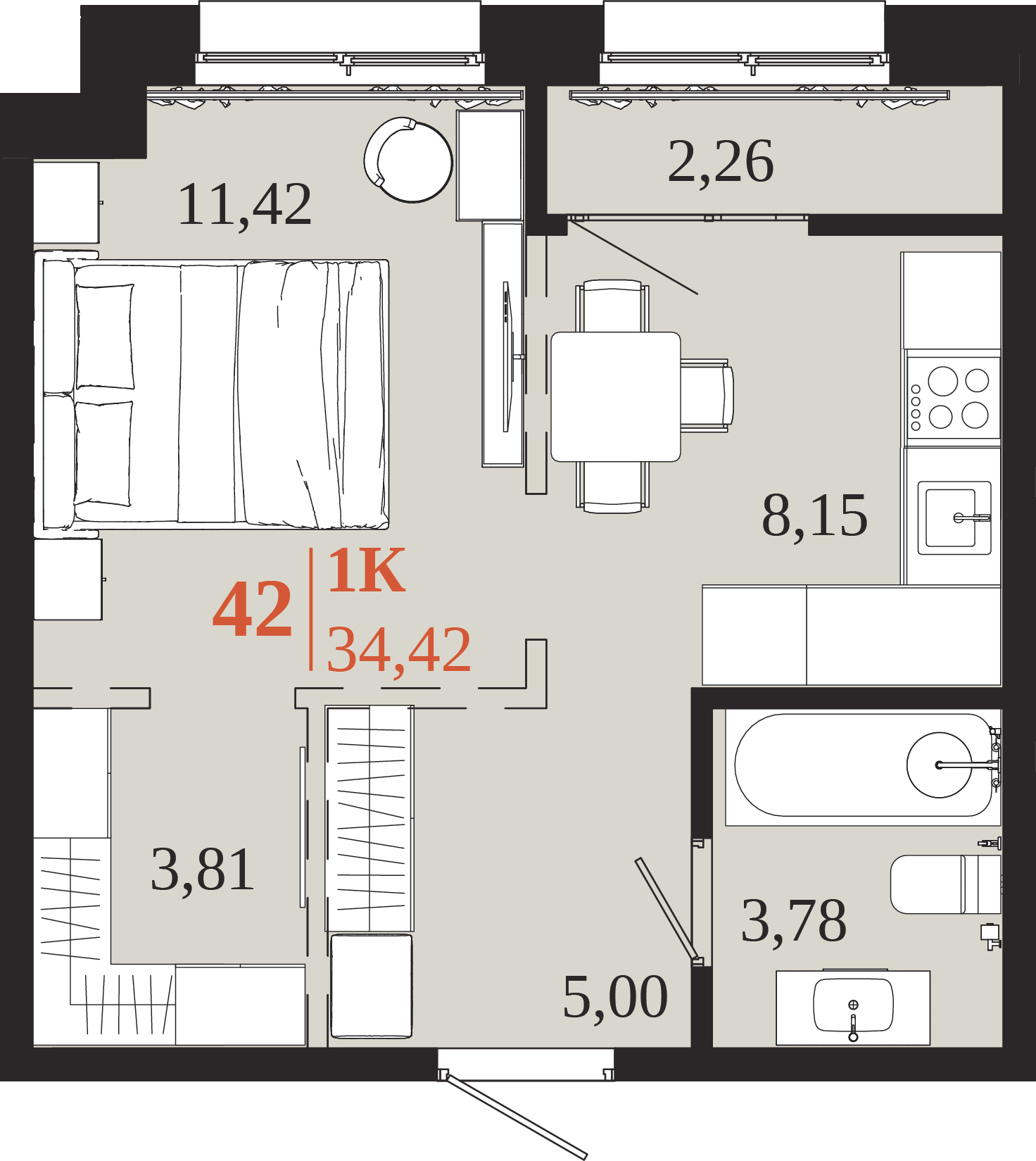Планировка 1-комн. 34,42 м², ЖК «1661»