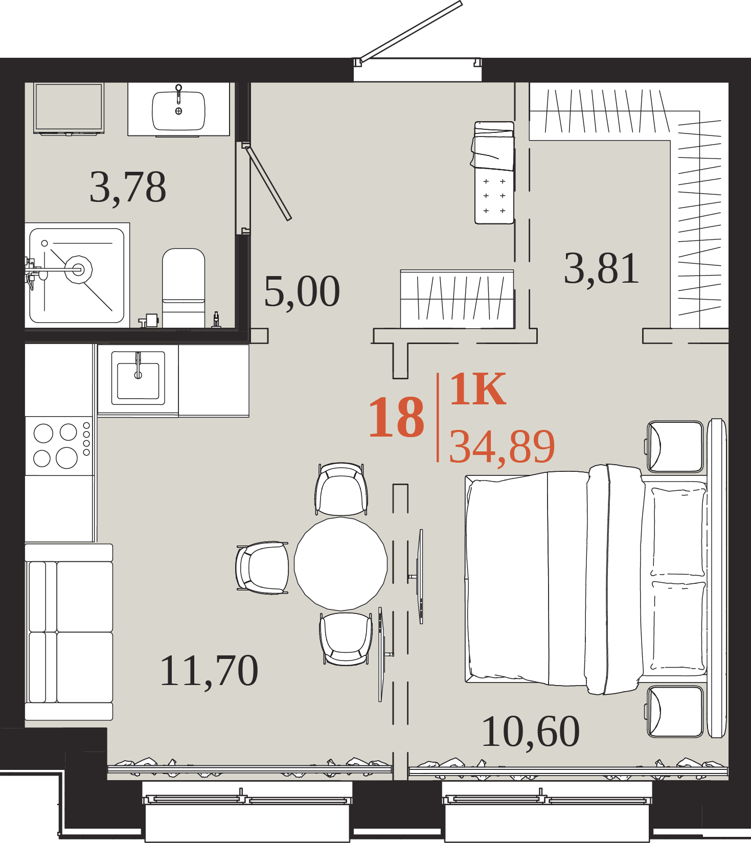 Планировка 1-комн. 34,89 м², ЖК «1661»