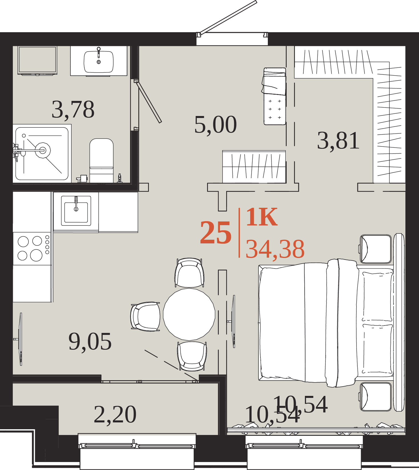 Планировка 1-комн. 34,38 м², ЖК «1661»
